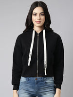 Women Solid Black Crop Drop Shoulder Bomber Jacket-209-Black