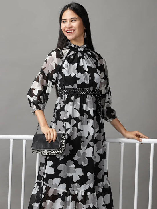 Women's Black Floral Fit and Flare Dress-AE-15610-Black