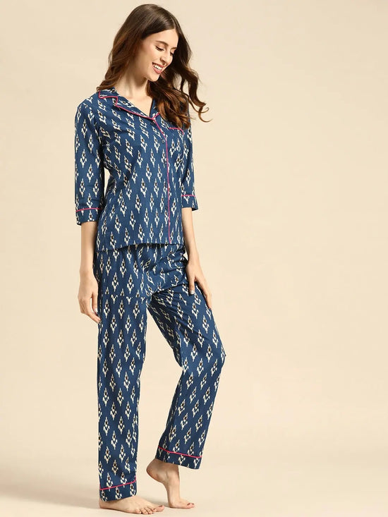 Shirt with Pyjama Set in Blue Ikkat Print