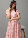 Women's Pink Floral Fit and Flare Dress-KG-5000-Peach