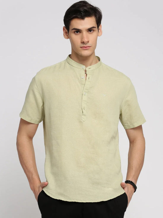 Men Sea Green Solid Mandarin Collar Casual Short Kurta-QATARKURTHALINEN-62-Seagreen