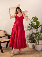 Women Red Schiffli Strappy Tiered Maxi Dress