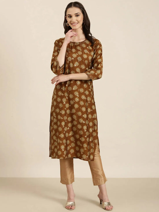 Women Brown Printed Straight Kurta-HO-2484-Brown