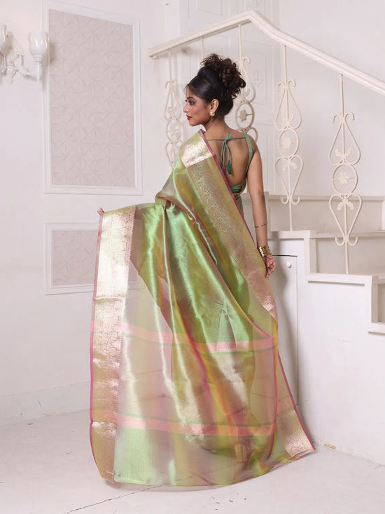 Green Dual-Tone Tissue Saree With Zari Borders-MA64TIS46610003