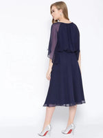 Flared midi dress with blouson yoke in Midnight Blue