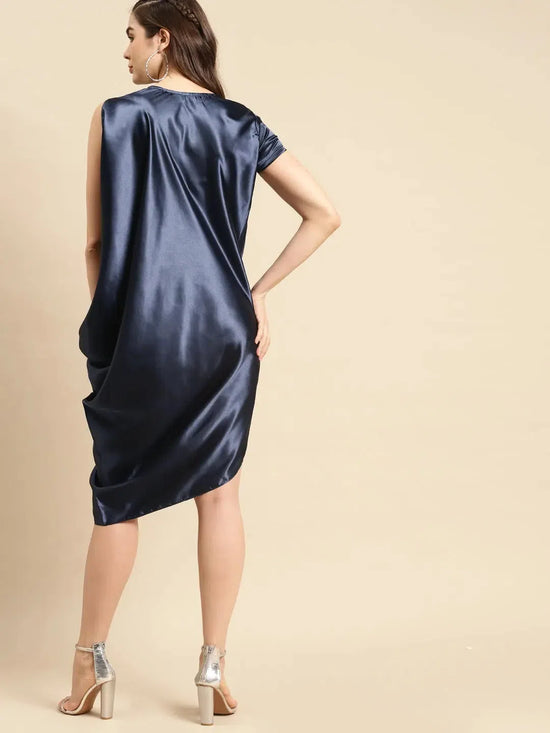 Asymmettric side cowl dress in Navy