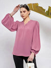 Women Pink Puff Sleeves V-Neck Blouse