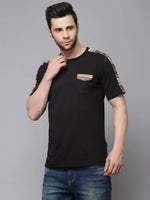 Rigo Black With Printed Contrast Detailing On Sleeve Round Neck Cotton Half Sleeve T-Shirt