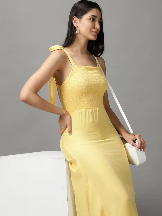 Women's Yellow Solid Fit and Flare Dress-AE-15681-Yellow