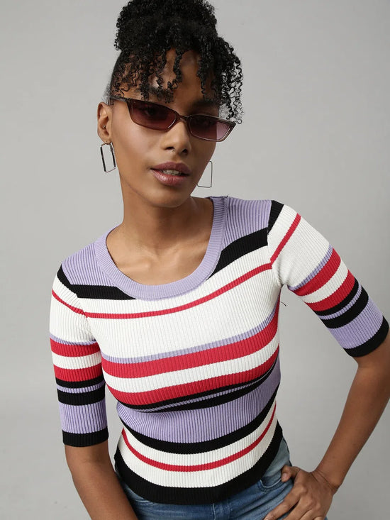 Women Lavender Horizontal Stripes Fitted Top-TG-A-0219-Lavender