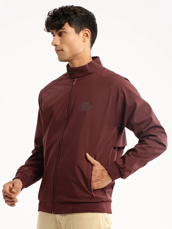 Men Maroon Mock Collar Solid Bomber-STCW-J-13-Maroon