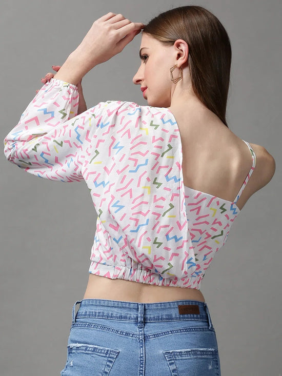 Women's White Printed Crop Top-AE-10405-White