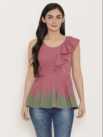 Peplum top with asymmetric ruffle and printed hem in Mauve