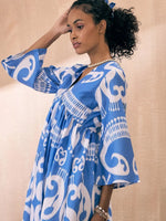 Women Blue & White Ikat V-Neck Gathered Midi Dress