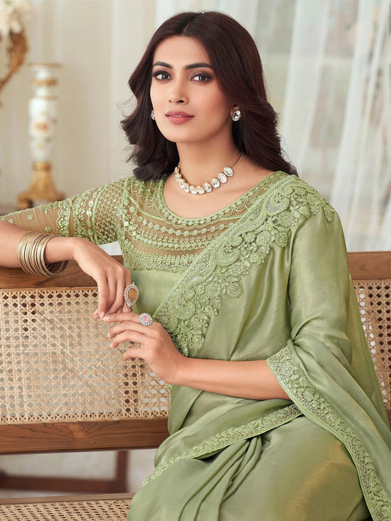 Saree Mall Women's  Blend Olive Embellished Designer Saree With Blouse Piece-SILVER27005