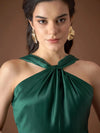 Draped neck midi dress in Green Color