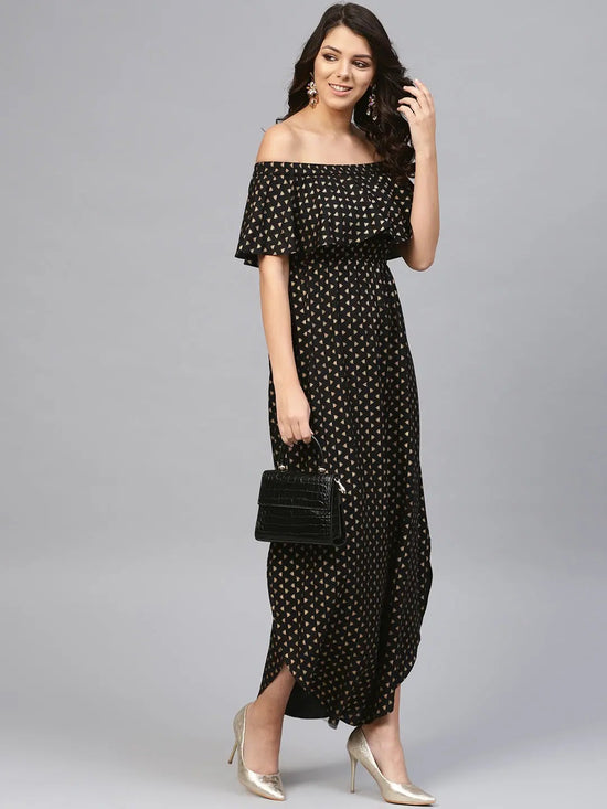 Off shoulder Flare yoke and U hem maxi dress in Black-TP0432RP10_S