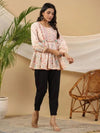 The Wonderland Women Peach Floral Printed Cotton Peplum Tunic With Thread Embroidery