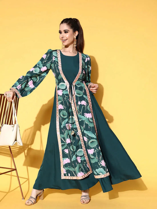 Ahalyaa Green Crepe Puff Sleeves Floral Printed Maxi Ethnic Dress With Waist Tie Ups