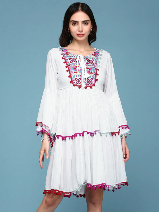 Women White Embroidered Fit and Flare Kurti-HQ-040-White