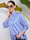 Women Blue & White Satin Striped Shirt