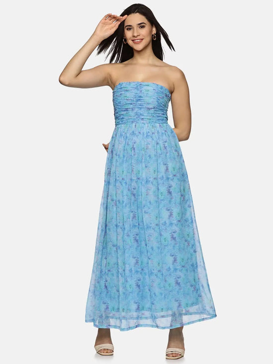 Floral Blue Front Gathered Maxi Dress-17349