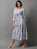 Women's Grey Printed Fit and Flare Dress-AE-15616-Grey