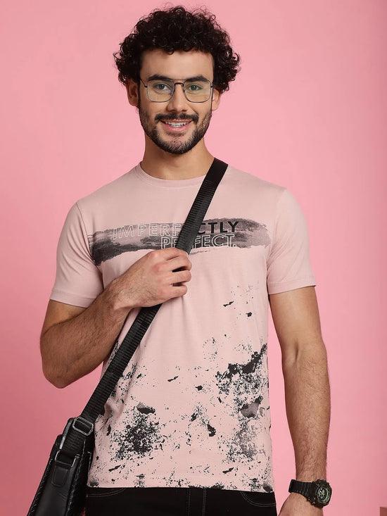 Venitian Men Printed Round Neck Pink Cotton Lycra T-Shirt