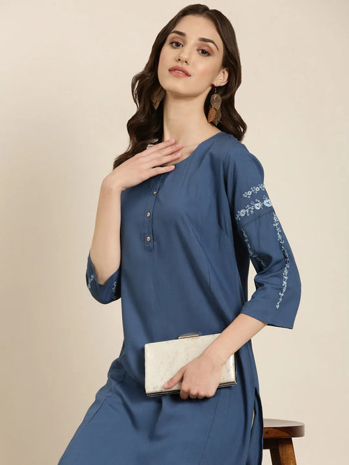 Women Blue Solid Straight Kurta-DF-1580-Blue