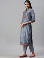 Women's Grey & Blue Printed Kurta Sets-BC1333-Grey