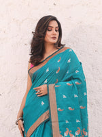 Teal Cotton Saree With Zari Border-MA54BCT041380031