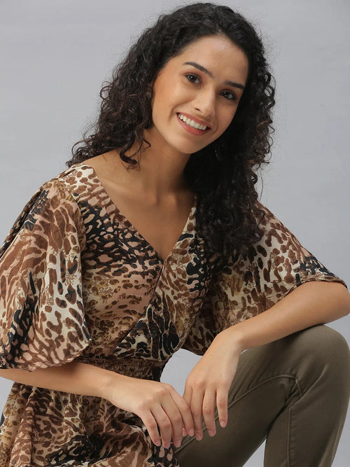 Women's Brown Printed Tops-AE-10306-B-Brownblack