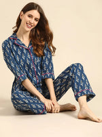 Shirt with Pyjama Set in Blue Ikkat Print