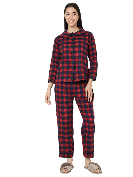 Smarty Pants Women's Brush Cotton Blue & Red Color Checks Night Suit