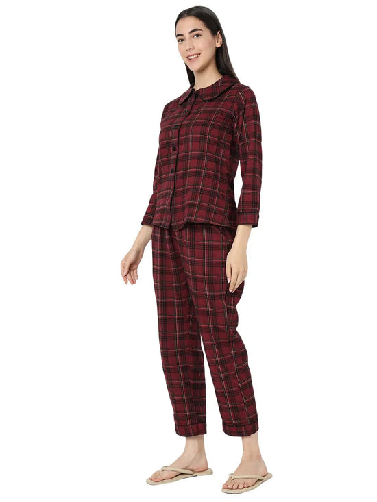 Smarty Pants Women's Brush Cotton Maroon Color Checks Night Suit