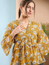 Women Yellow Floral Front Button Frill Peplum Top