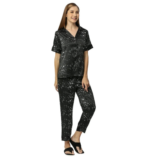 Smarty Pants Women's Silk Satin Black Color Star Galaxy Print  Night Suit-SMNSP-914-S