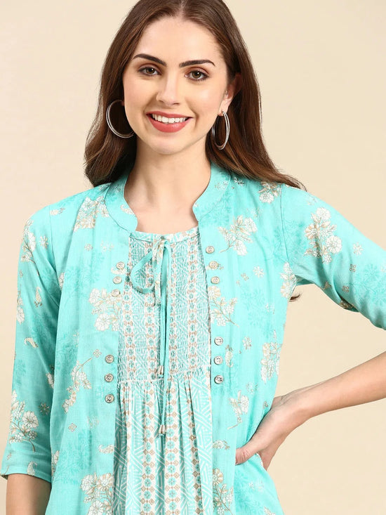 Women's Turquoise Blue Printed Anarkali Kurta-KG-9001-Turquoiseblue