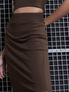 Women Brown Rib Round Neck Crop Top WithPencil Skirts