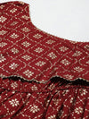 One Shoulder yoke overlap printed dress in Maroon