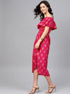 One Shoulder yoke overlap printed dress in Pink