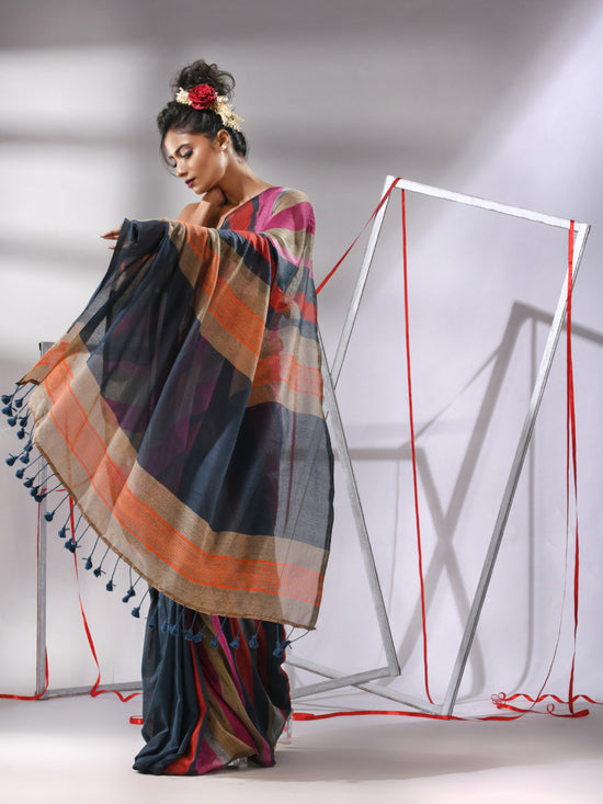 Dark Grey Cotton Saree With Multicolor Stripes-MA55CT06560021