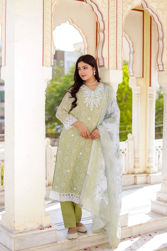 Vaasva Women Pista Green Linen Printed Kurta, Pant & Dupatta set