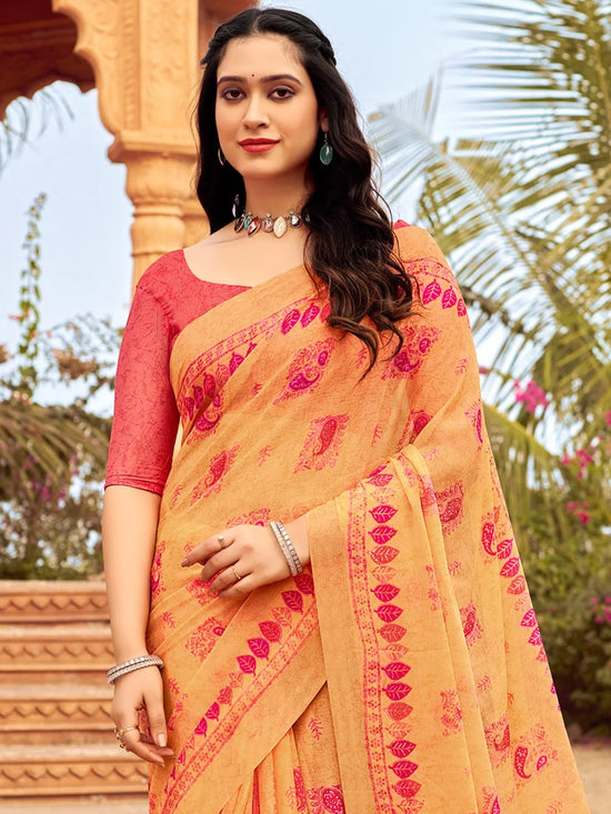 Saree Mall Women's Chiffon Orange Printed Designer Saree With Blouse Piece-STARCFN31202A