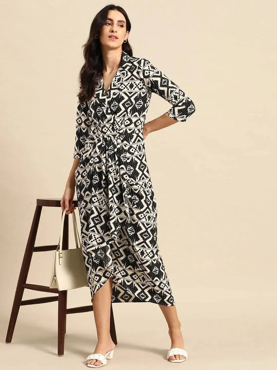 Shirt Dress with front Drape in Black and Cream Ikkat Print