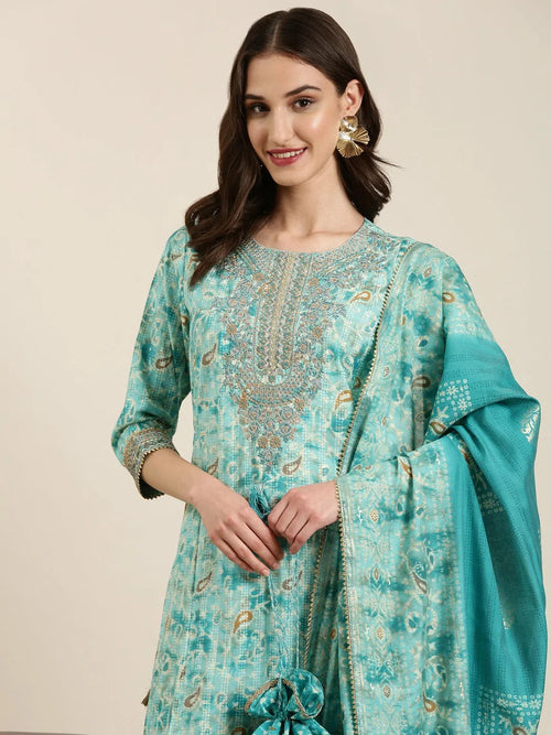 Women Turquoise Blue Paisley Kurta Set-GW-3627-Turquoiseblue