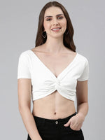 V-Neck Regular Sleeves Solid Blouson White Crop Top-AE-10659-White