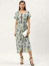 Gold Block Print Front Pleated side cowl dress in Pista Green