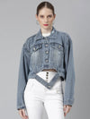 Women Blue Solid Denim Jacket-GZ-5555-Blue