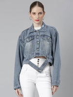 Women Blue Solid Denim Jacket-GZ-5555-Blue